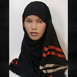 Turkish Black Hijab with Grey and Amber Stripes Muslim Hijab Fall Shawl